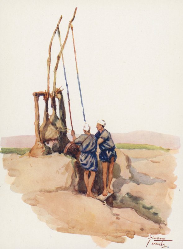 Egyptin kansa: Shadoof Men, Shaddaf (värilitografia). tekijältä Lance Thackeray