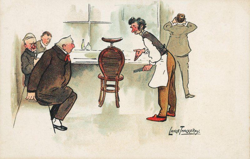 Kohtaus parturissa (chromolitho) tekijältä Lance Thackeray
