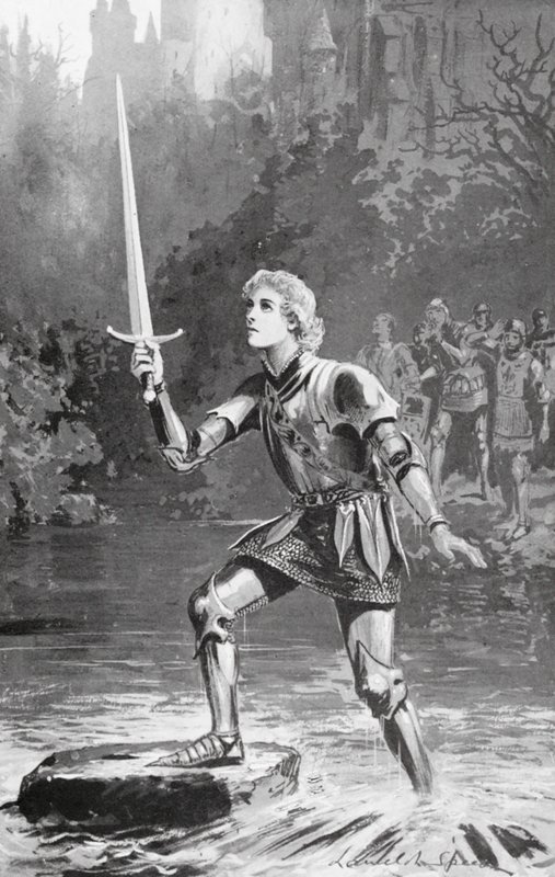 Galahad nosti miekan melko helposti (litografia). tekijältä Lancelot Speed