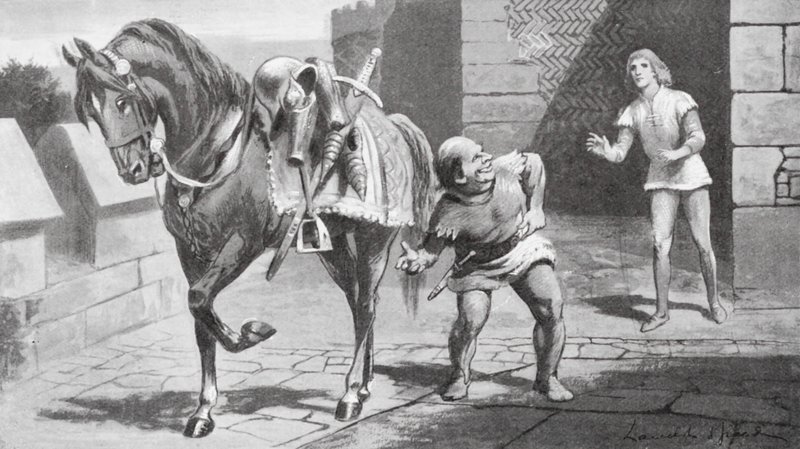 Hänen äitinsä lähetti Garethille kauniin hevosen ja hienon haarniskan (litografia). tekijältä Lancelot Speed