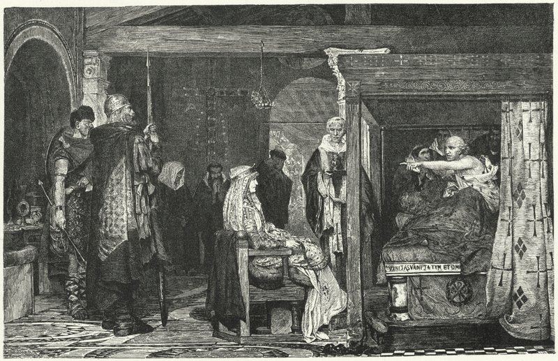 Kuningatar Fredegund piispa Praetextatuksen kuolinvuoteella, 586 tekijältä Lawrence Alma Tadema