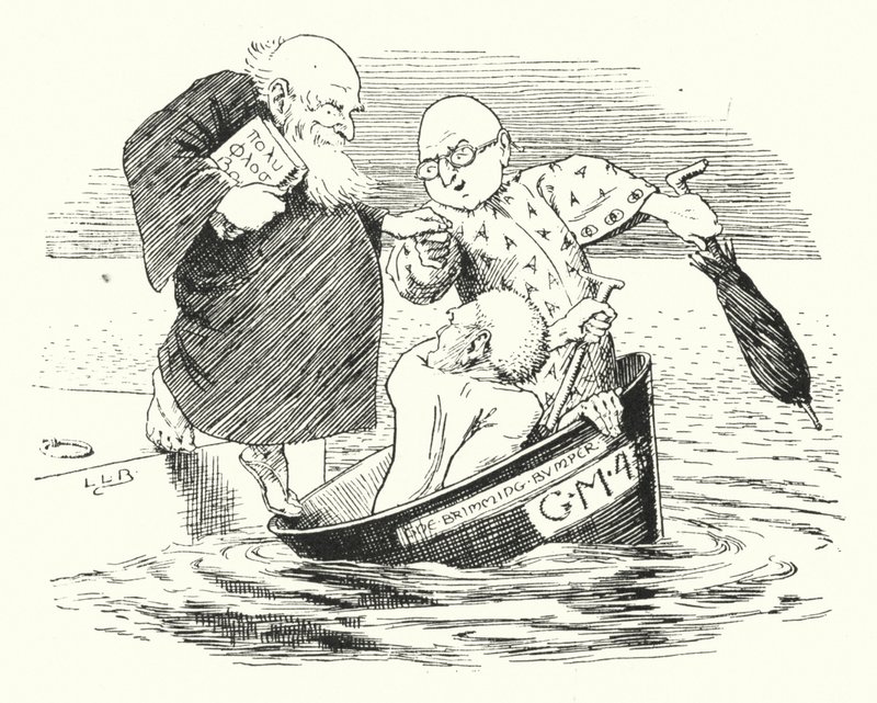 Kolme Gothamin viisasta meni merelle kulhossa (kaiverrus) tekijältä Leonard Leslie Brooke