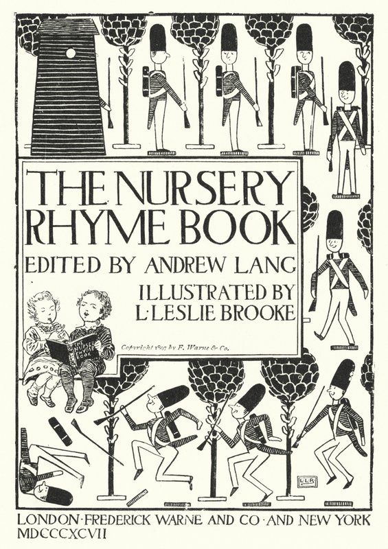 Andrew Langin toimittama The Nursery Rhyme Bookin otsikkosivukuvitus (kaiverrus) tekijältä Leonard Leslie Brooke