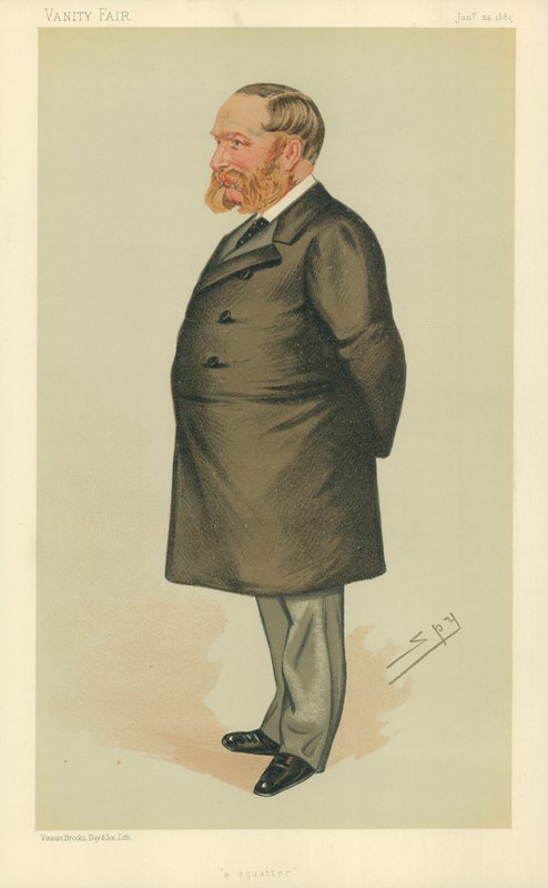 Herra Charles Henry Wilson, Squatter, 24. tammikuuta 1885, Vanity Fair -sarjakuva (värilitho) tekijältä Leslie Matthew Ward