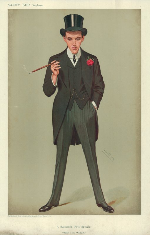 Herra F E Smith, Onnistunut ensimmäinen puhe, Moab on pesualtaani, 16. tammikuuta 1907, Vanity Fair -sarjakuva tekijältä Leslie Matthew Ward