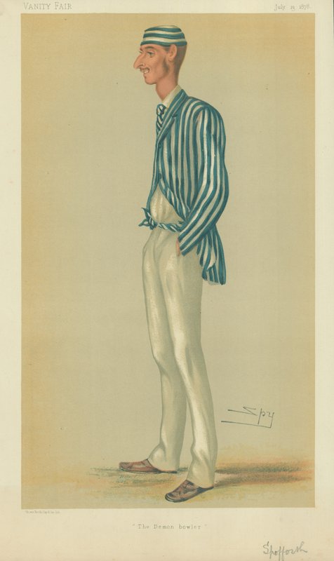 Herra Markham Spofforth, demoninen keilaaja, 13. heinäkuuta 1878, Vanity Fair -sarjakuva. tekijältä Leslie Matthew Ward