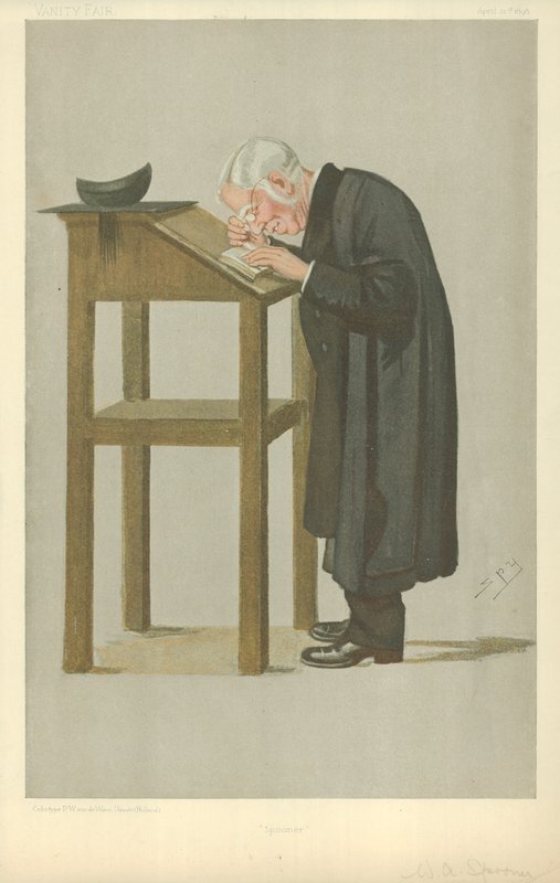 Mr W A Spooner, Spooner, 21. huhtikuuta 1898, Vanity Fair -sarjakuva tekijältä Leslie Matthew Ward