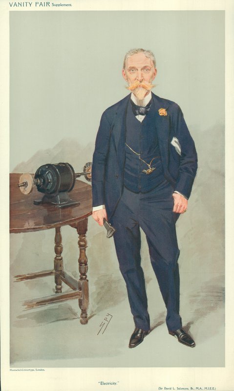 Sir David L Salomons, Electricity, nd, Vanity Fair -sarjakuva tekijältä Leslie Matthew Ward