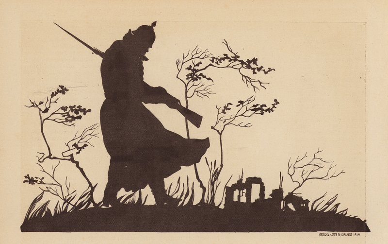 Saksalaisen sotilaan siluetti, ensimmäinen maailmansota (litho) tekijältä Lotte Nicklass