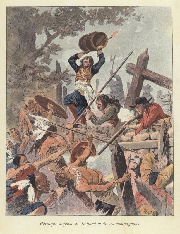 Adam Dollard ja hänen toverinsa taistelemassa irokeesia vastaan Long Saultin taistelussa Kanadassa, 1660 tekijältä Louis Charles Bombled