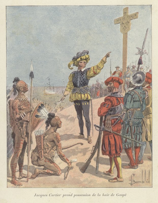 Jacques Cartier väittää, että Gaspe Bay, Kanada, on ranskalaisten hallussa, 1534. tekijältä Louis Charles Bombled