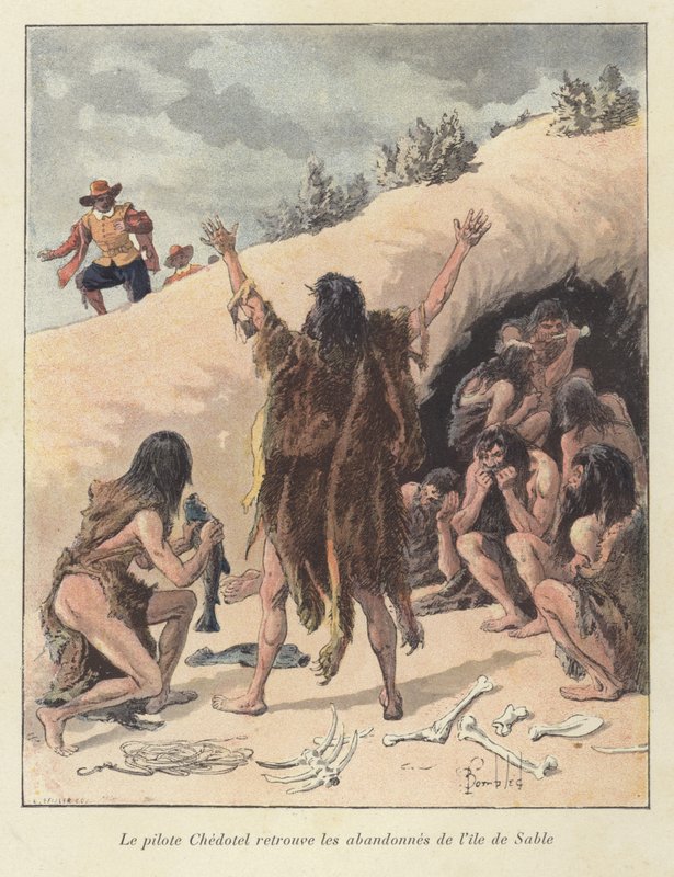 Luotsi Chedotel löytää Ile de Sable -saaren ranskalaisen siirtokunnan eloonjääneet jäsenet Kanadassa noin vuonna 1600. tekijältä Louis Charles Bombled