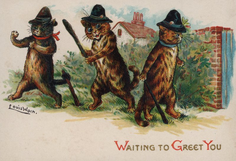 Kolme kissaa odottamassa tervehtimään sinua tekijältä Louis Wain