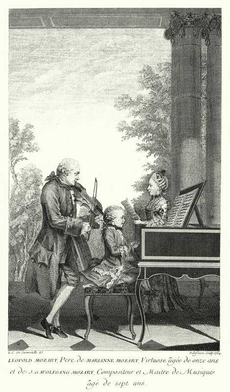 Leopold Mozart soittaa musiikkia tyttärensä Mariannen ja poikansa Wolfgangin kanssa (kaiverrus). tekijältä Louis Carrogis (after) Carmontelle
