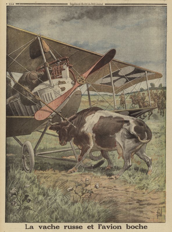 Lehmä estää saksalaista lentokonetta noususta, Lutsk, Venäjä, ensimmäinen maailmansota tekijältä Louis Charles (after) Bombled