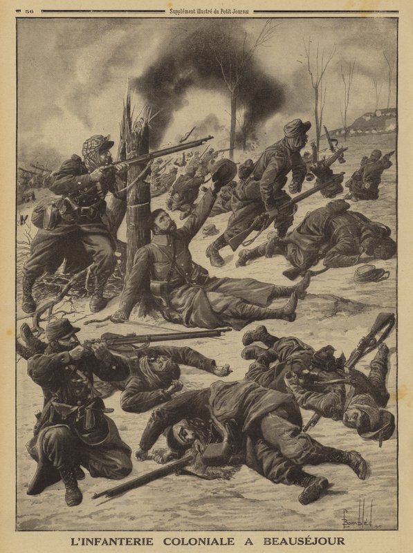 Ranskan siirtomaa-jalkaväki taistelee Beausejourissa, ensimmäinen maailmansota tekijältä Louis Charles (after) Bombled