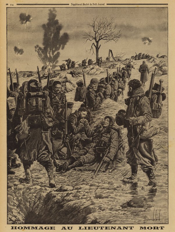 Ranskalaiset sotilaat osoittavat kunnioituksensa ensimmäisessä maailmansodassa taistelussa kuolleelle luutnantille tekijältä Louis Charles (after) Bombled