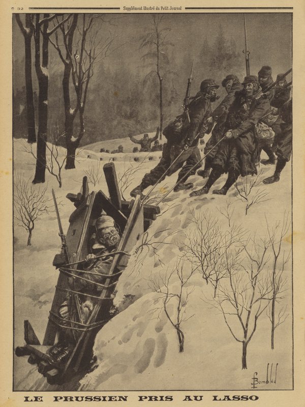 Saksalainen sotilas vartiolaatikossa, jonka ranskalaiset Chasseurs Alpins vangitsi lassolla, ensimmäinen maailmansota tekijältä Louis Charles (after) Bombled