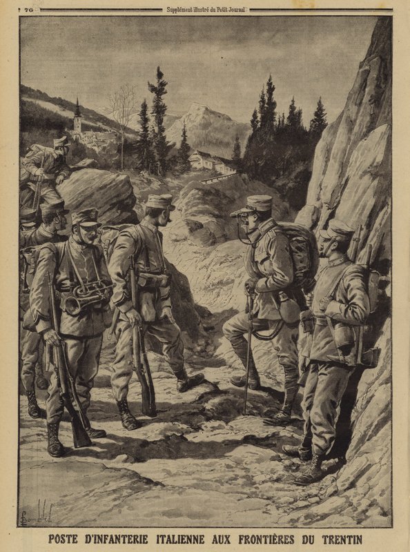 Italian jalkaväkiasema Trentinon rajalla, ensimmäinen maailmansota tekijältä Louis Charles (after) Bombled