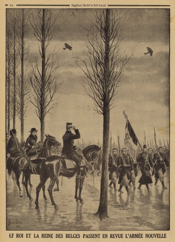 Belgian kuningas Albert I ja kuningatar Elisabeth arvioivat uutta armeijaansa, ensimmäistä maailmansotaa tekijältä Louis Charles (after) Bombled