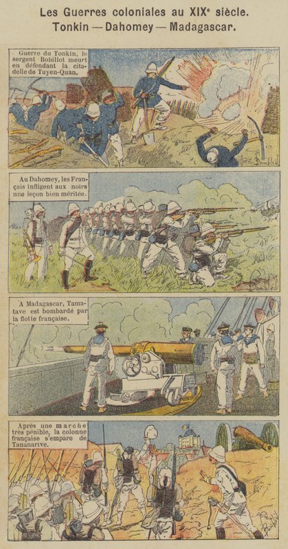 Siirtomaasodat 1800-luvulla, Tonkin, Dahomey, Madagaskar (värilitho) tekijältä Louis Charles (after) Bombled
