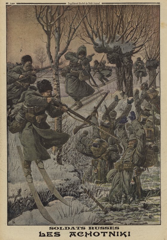 Venäläiset sotilaat suksilla vangitsemassa ryhmän saksalaisia, ensimmäinen maailmansota tekijältä Louis Charles (after) Bombled