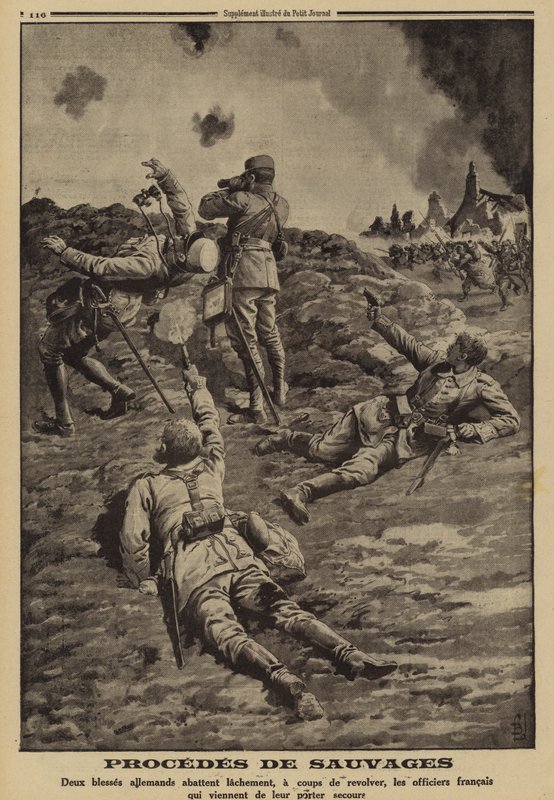 Kaksi haavoittunutta saksalaissotilasta ampui ranskalaisia upseereita, jotka olivat auttaneet heitä suojaan selkään, ensimmäinen maailmansota tekijältä Louis Charles (after) Bombled