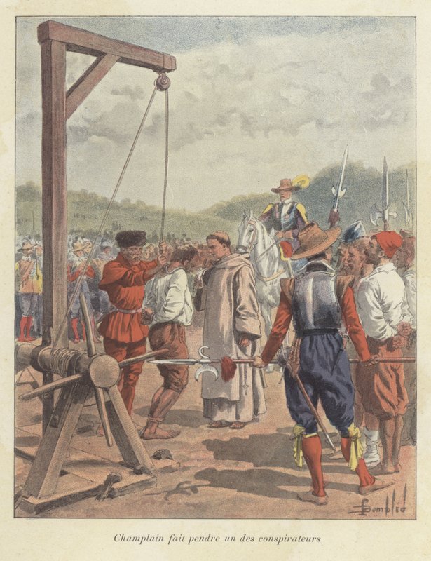 Samuel de Champlain ripustamassa salaliittolaista, Kanada, 1600-luku tekijältä Louis Charles Bombled
