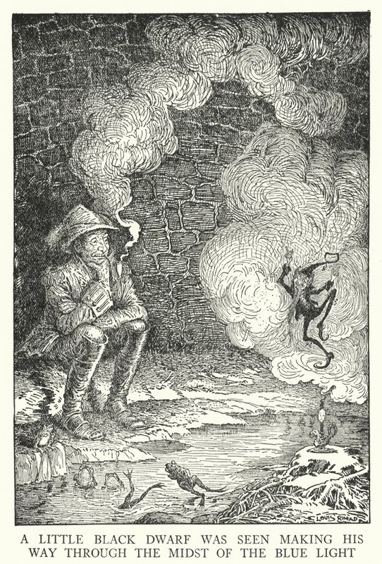 Pieni musta kääpiö nähtiin kulkevan läpi sinistä valoa (litho) tekijältä Louis John Rhead