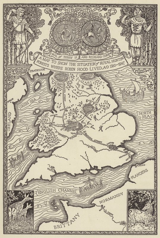 Kartta, joka näyttää tilanteen Royal Hunting Forestsissa, joissa Robin Hood asui, jKr 1160-1247 tekijältä Louis John Rhead