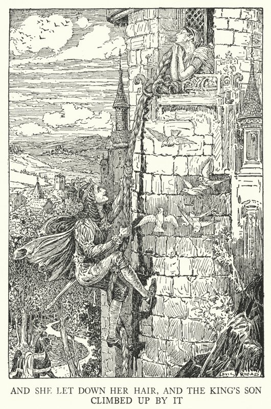 Ja hän laski hiuksensa alas, ja kuninkaan poika kiipesi niiden ohi (litho) tekijältä Louis John Rhead