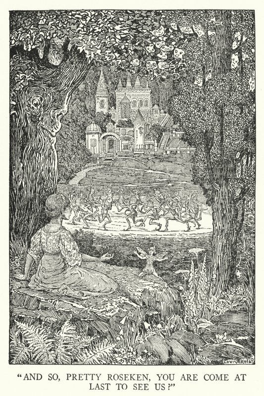 "Ja niin, kaunis Roseken, tulit vihdoin tapaamaan meitä?" (litografia) tekijältä Louis John Rhead