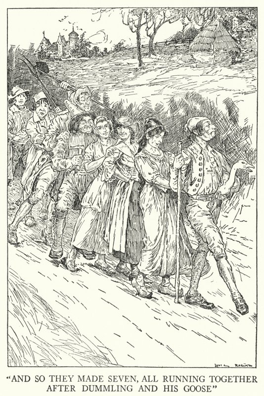 "Ja niin he tekivät seitsemän, kaikki juoksivat yhdessä Dummlingin ja hänen hanhinsa perässä" (litho) tekijältä Louis John Rhead