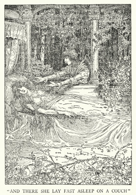 "Ja siellä hän makasi syvässä unessa sohvalla" (litho) tekijältä Louis John Rhead