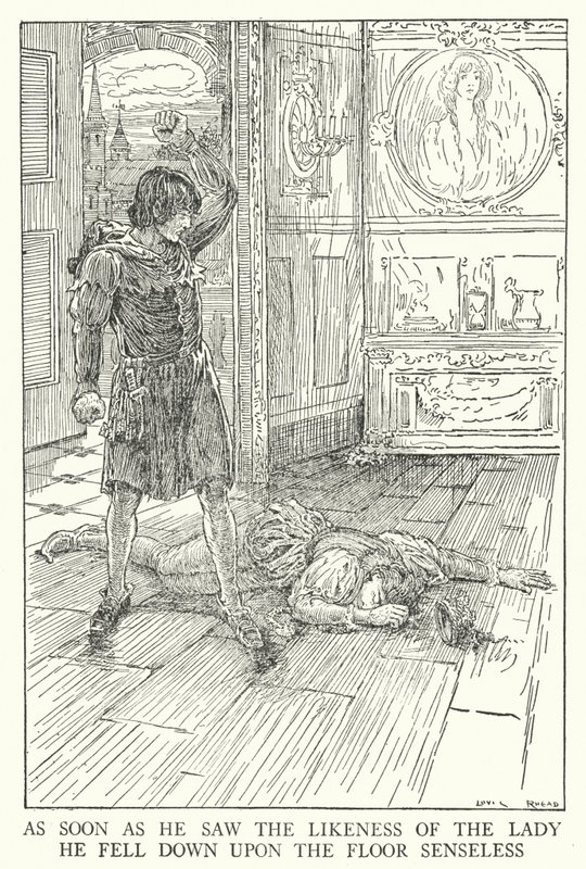 Heti kun hän näki naisen kaltaisen, hän kaatui lattialle järjettömänä (litho) tekijältä Louis John Rhead