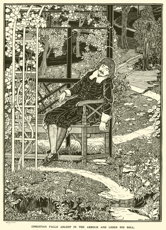 Christian nukahtaa lehtimajaan ja menettää rullansa (kaiverrus) tekijältä Louis John Rhead
