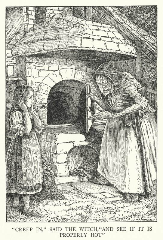 "Hiipikää sisään", sanoi noita, "ja katso, onko se oikein kuuma" (litho) tekijältä Louis John Rhead