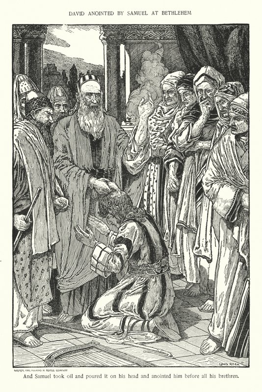 Samuel voitelee Daavidin Betlehemissä (litografia) tekijältä Louis John Rhead