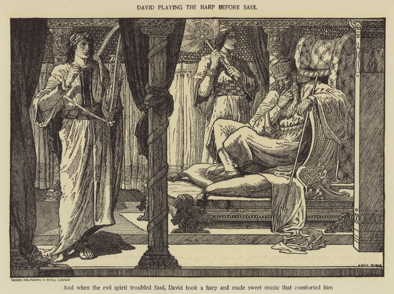 Daavid soittaa harppua Saulin edessä tekijältä Louis John Rhead