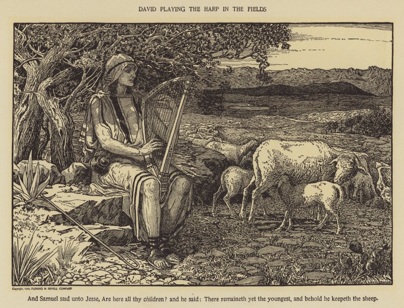 David soittamassa harppua pelloilla tekijältä Louis John Rhead