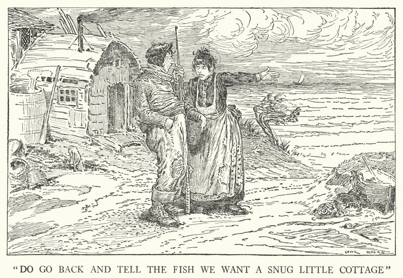 "Mene takaisin ja kerro kalalle, että haluamme kodikkaan pienen mökin" (litho) tekijältä Louis John Rhead