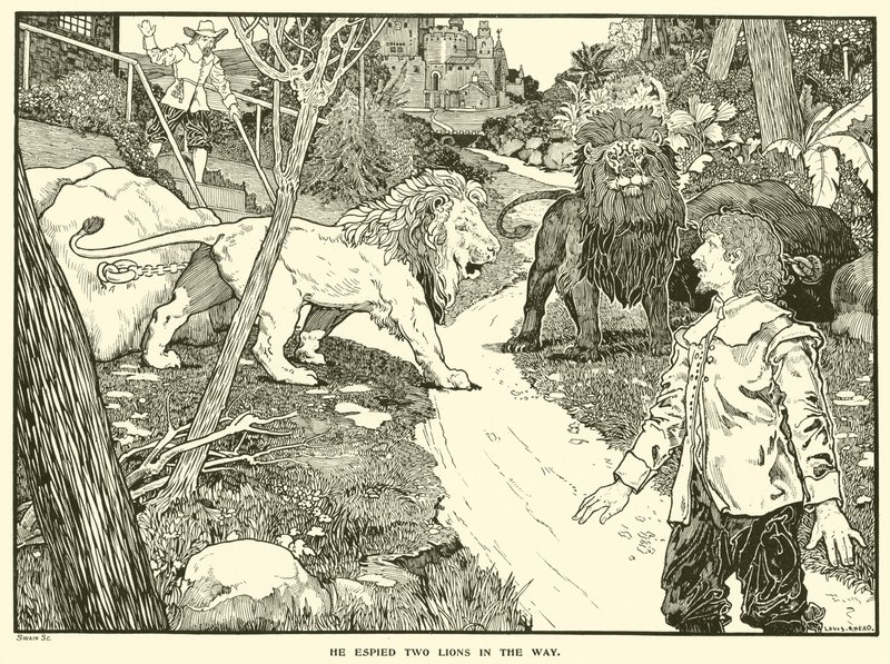 Hän näki kaksi leijonaa matkalla (kaiverrus) tekijältä Louis John Rhead