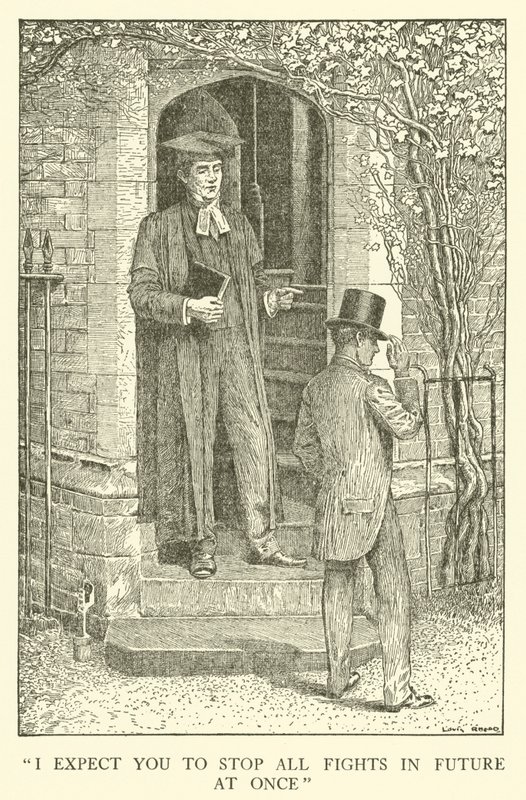 Kuvitus Tom Brownin koulupäiville (kaiverrus) tekijältä Louis John Rhead