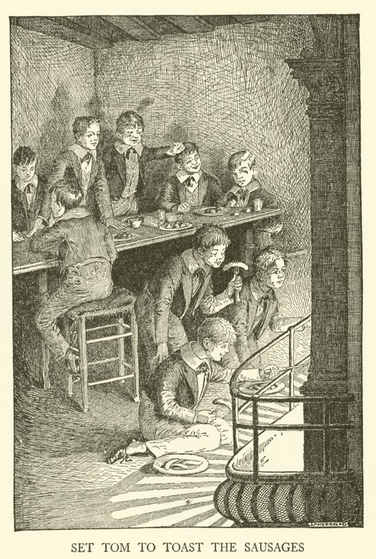 Kuvitus Tom Brownin koulupäiville (kaiverrus) tekijältä Louis John Rhead