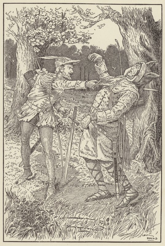 Robin ajoi teränsä Sir Guysin ruumiin läpi tekijältä Louis John Rhead
