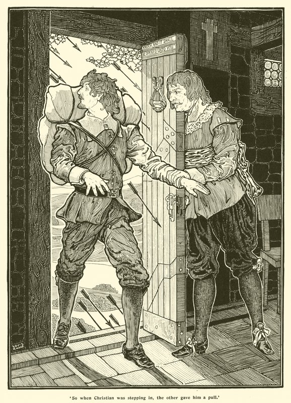 Joten kun Christian astui sisään, toinen veti häntä (kaiverrus) tekijältä Louis John Rhead