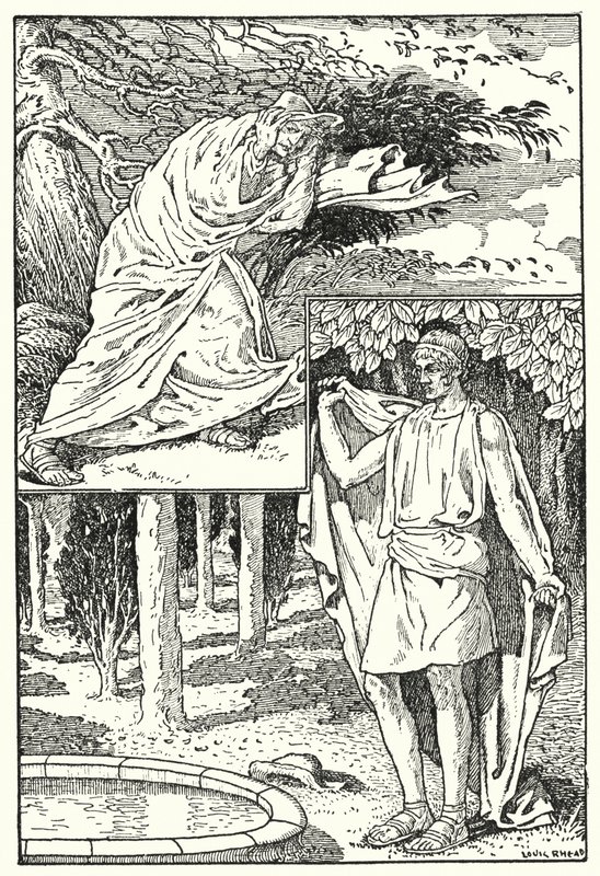 Pohjoistuuli ja aurinko (litografia) tekijältä Louis John Rhead