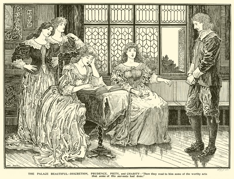 Palatsi kaunis, harkintakyky, varovaisuus, hurskaus ja hyväntekeväisyys (kaiverrus) tekijältä Louis John Rhead