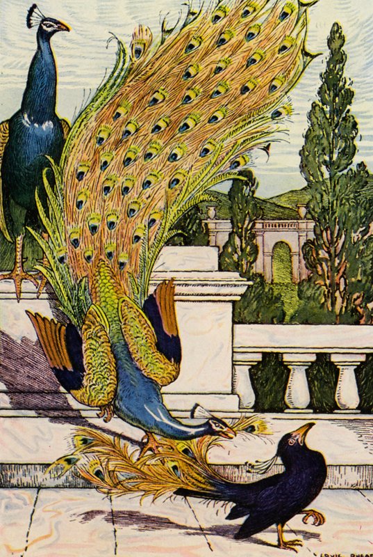 Riikinkukko ja harakka (värilitografia) tekijältä Louis John Rhead