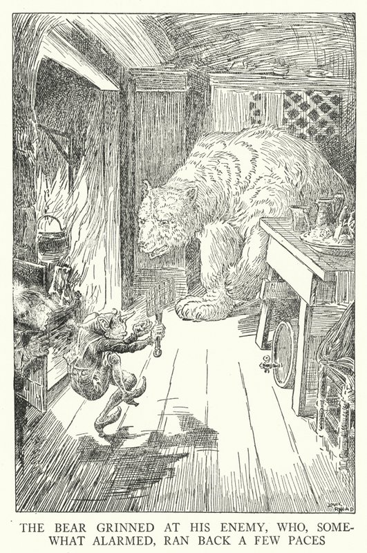 Karhu virnisti viholliselleen, joka hieman huolestuneena juoksi muutaman askeleen taaksepäin (litho) tekijältä Louis John Rhead